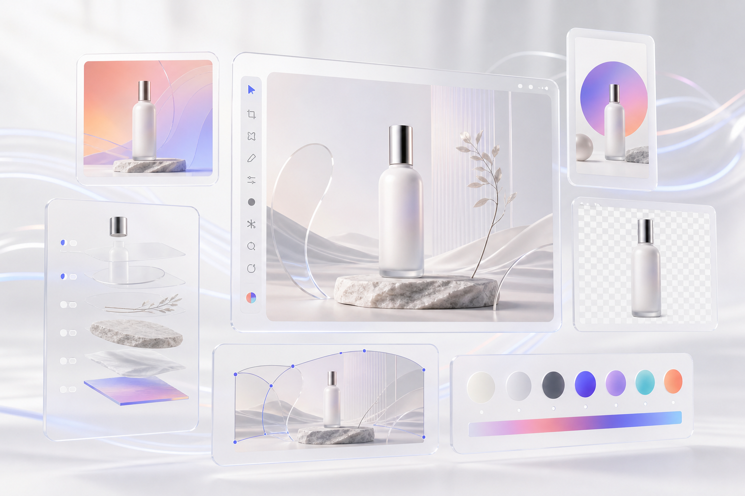AI design workspace turning one product asset into an ecommerce set, transparent cutout, separated layers, and vector design